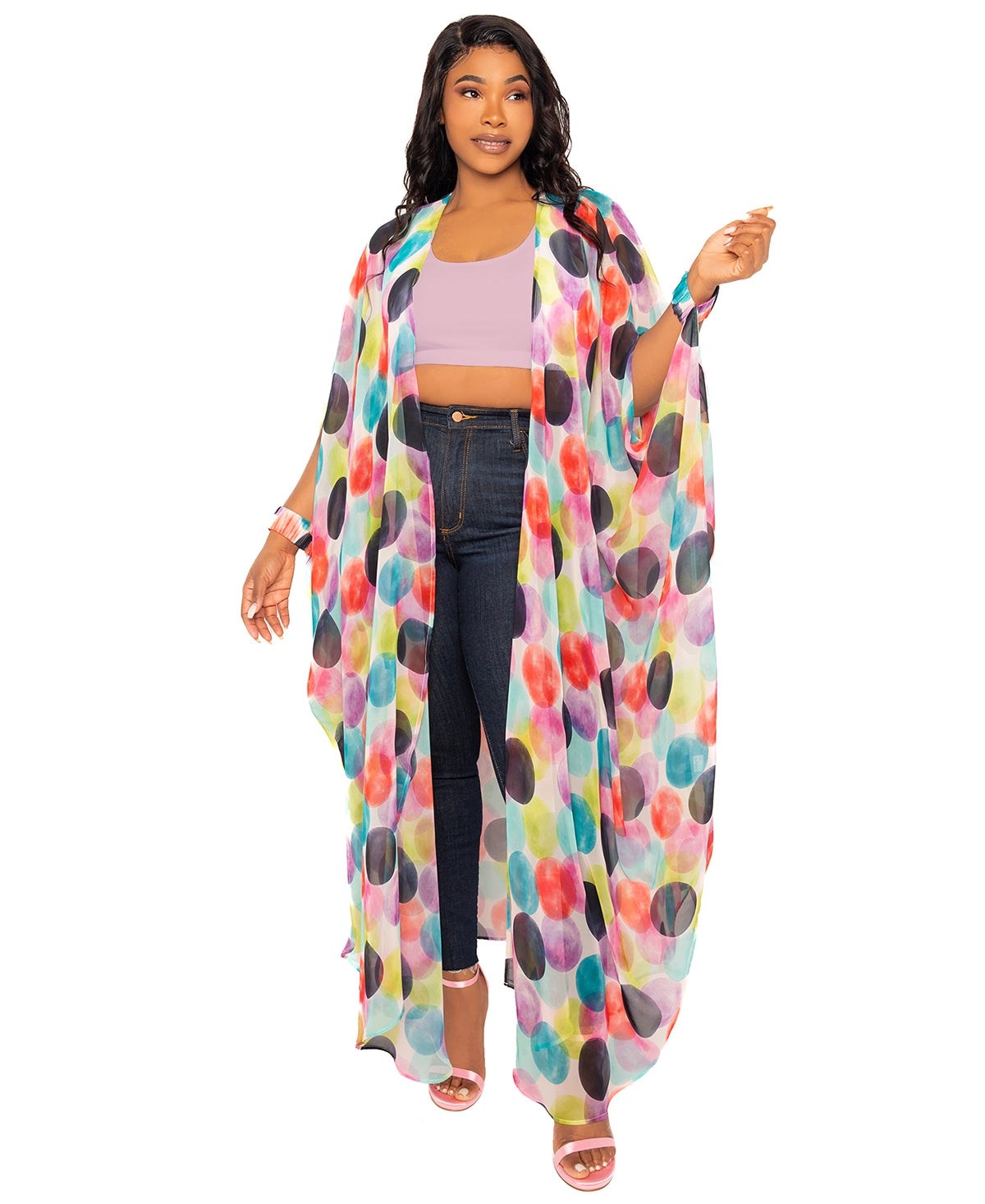 Plus Size Polka Dot Robe with Wrist Band - Violet multi