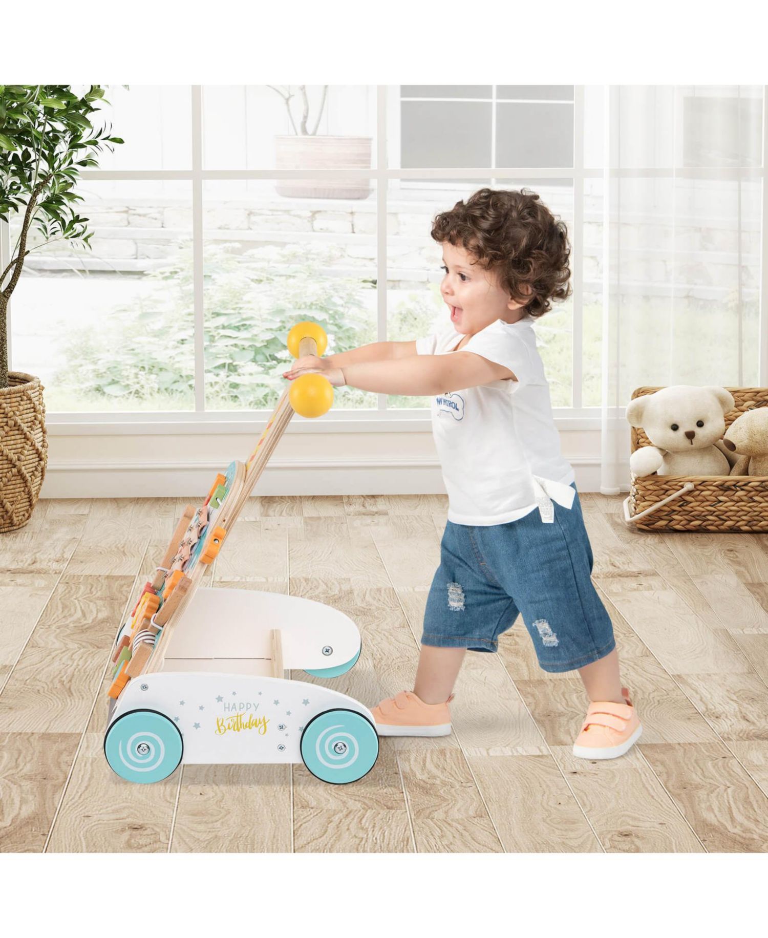Wooden Baby Walker Ice Cream Cart Toy with Sweet Accessories Smooth