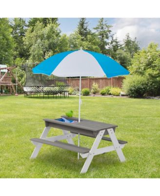 One 3-in-1 Kids Outdoor Wooden Picnic Table With Umbrella, Convertible Sand & Wate, Gray ASTM & CPSIA CERTIFICATION
