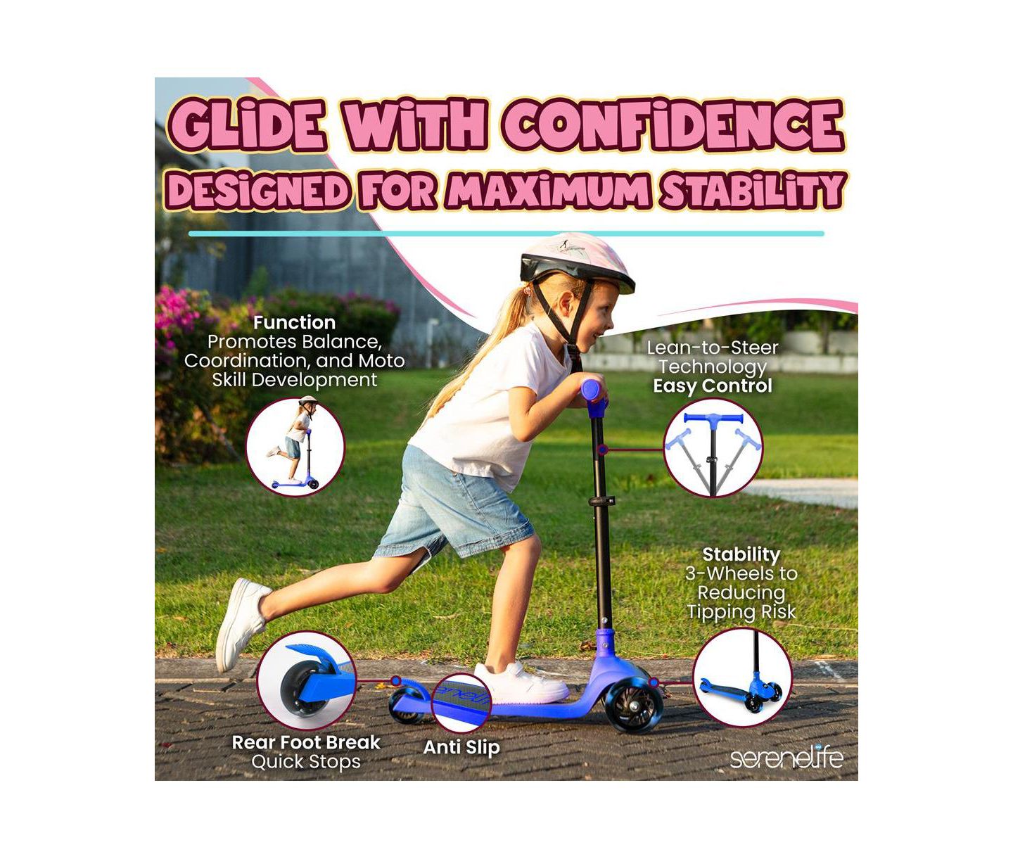 Детская игрушка SereneLife 3-Wheel Foldable Kids Scooter with LED Wheel Lights & Lean-to-Steer Technology, Ages 2+, цвет: Синий — фото 3