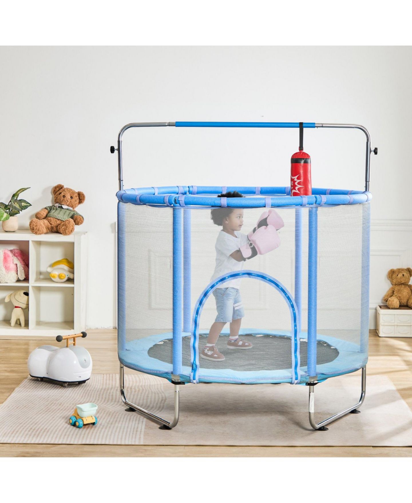Детская игрушка Slickblue Mini Toddler Trampoline with Safety Enclosure Net for Indoor Outdoor Play, цвет: Синий — фото 4
