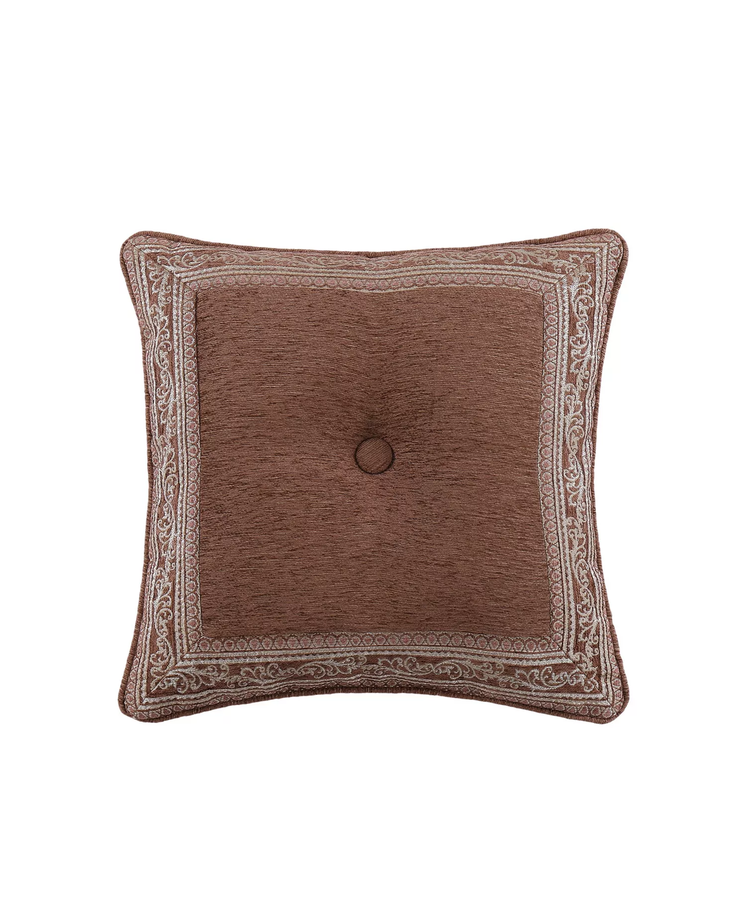 Terracotta damask accent pillow with tufted center detail for a cowgirl coastal living room