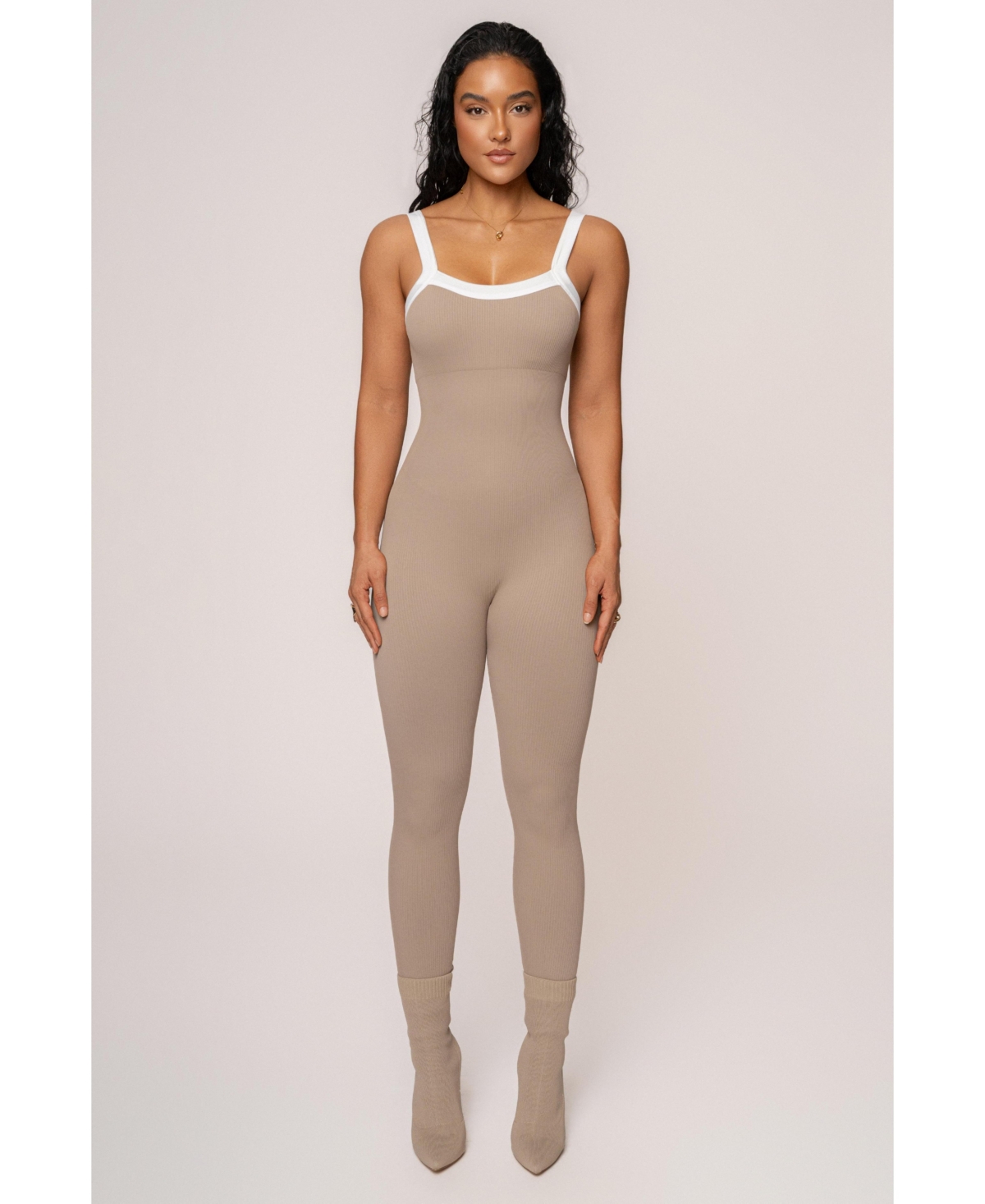 Core Ribbed Jumpsuit - Beige/white