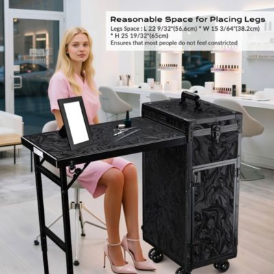 Rolling Nail Table & Makeup Case Kit Cosmetic Organizer Aluminum Black