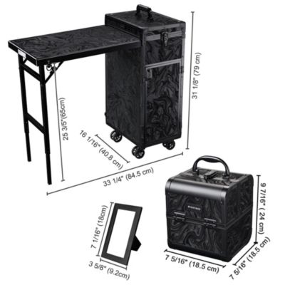 Rolling Nail Table & Makeup Case Kit Cosmetic Organizer Aluminum Black