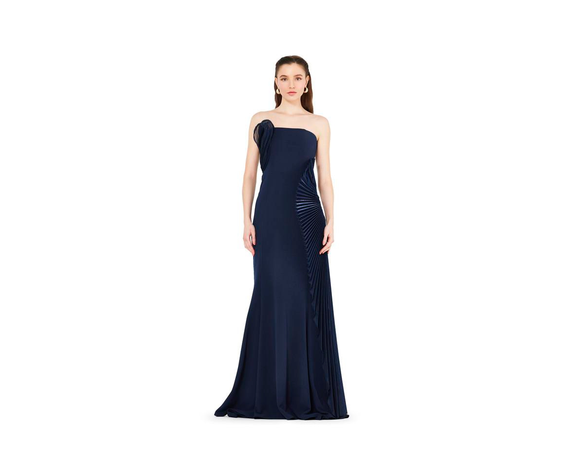 3D Pleated Drape Strapless Gown - Navy blue