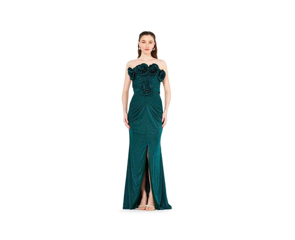 Women's Shimmer Jersey Ruched Strapless Gown - Green