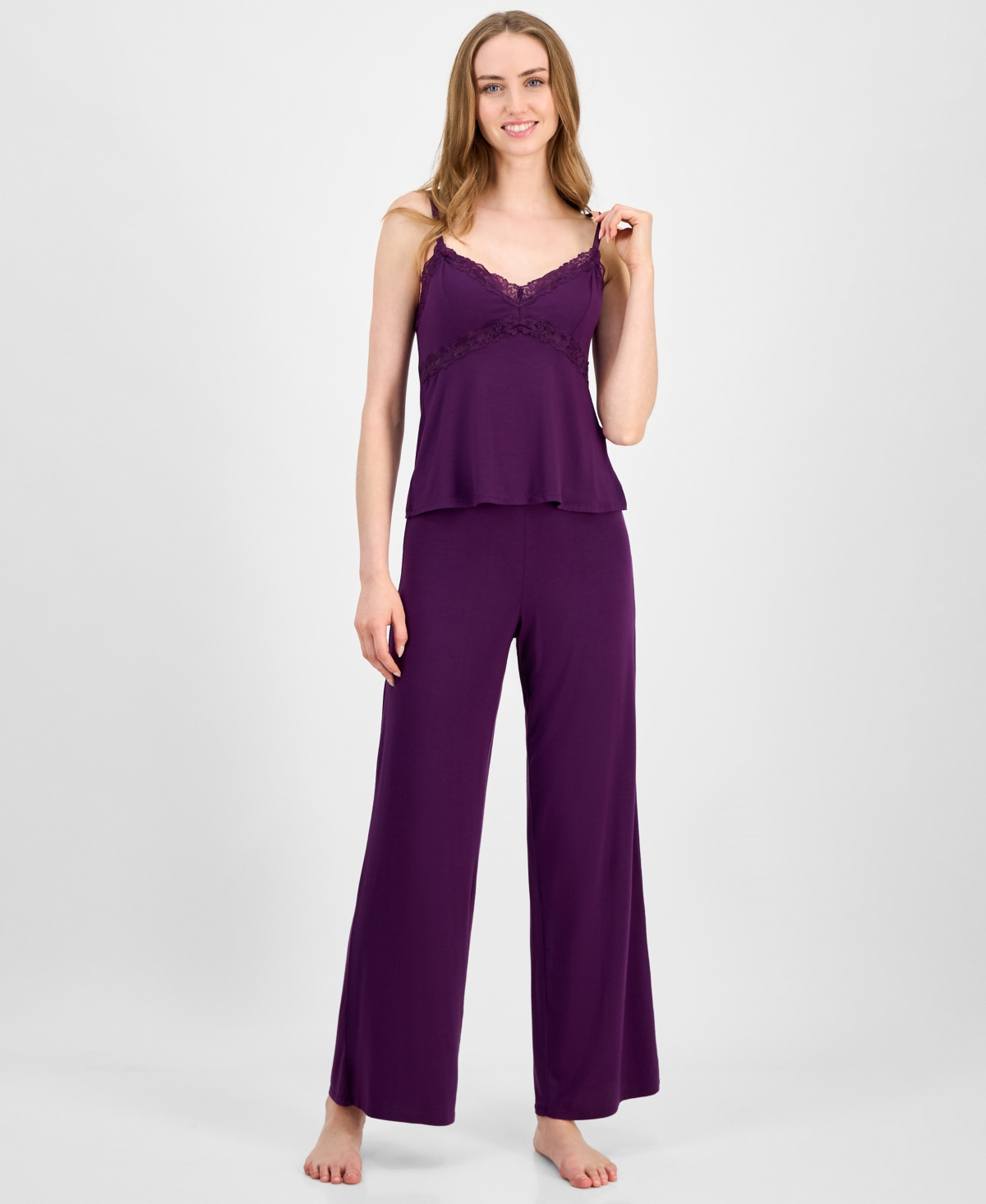 Inc International Concepts Women's Lace-trim Knit Tank & Pajama Pants Set, Exclusively At Macy's In Purple