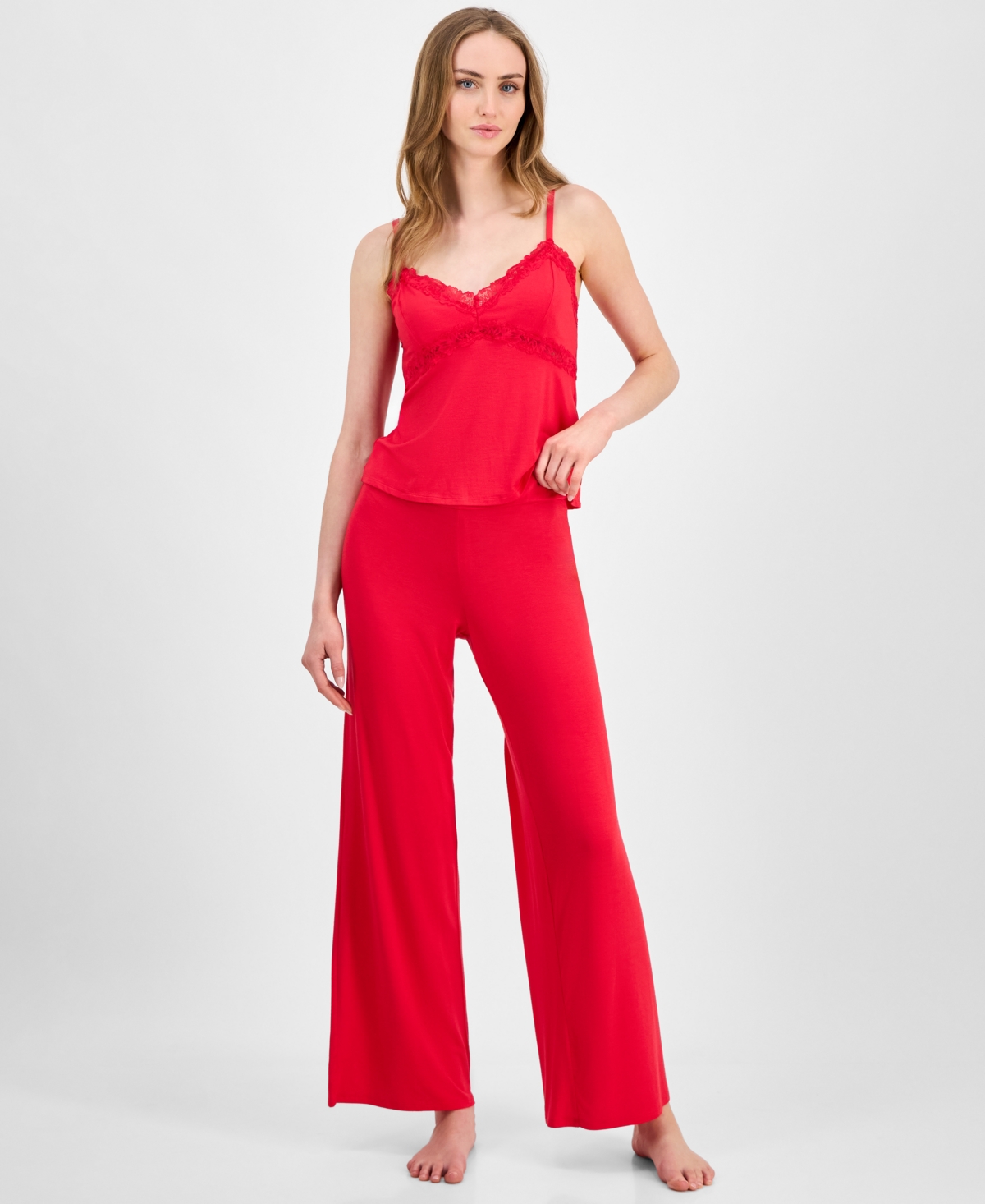 Inc International Concepts Women's Lace-trim Knit Tank & Pajama Pants Set, Exclusively At Macy's In Red