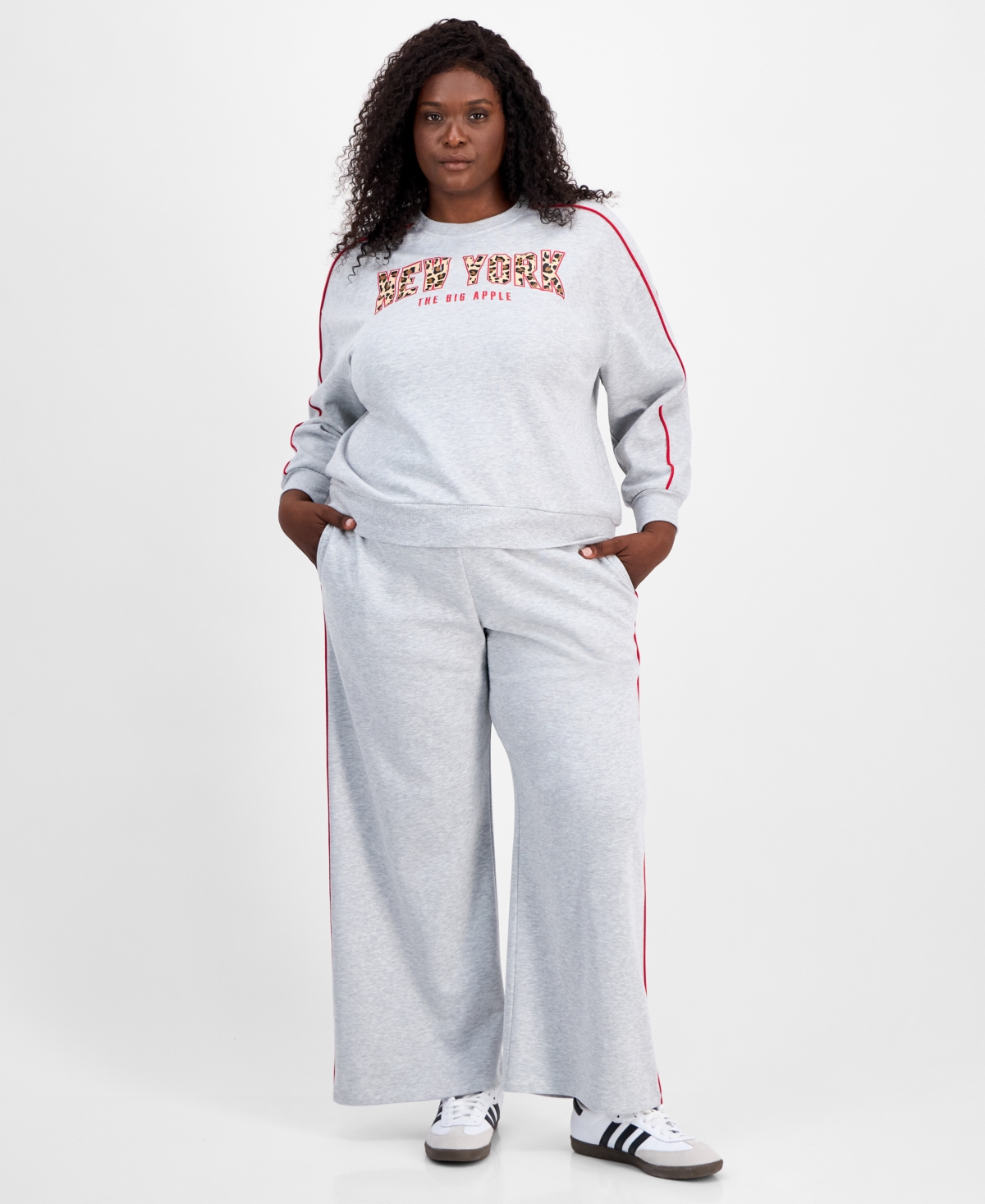 Rebellious One Trendy Plus Contrast Piped Fleece Sweatshirt Sweatpants In Gray