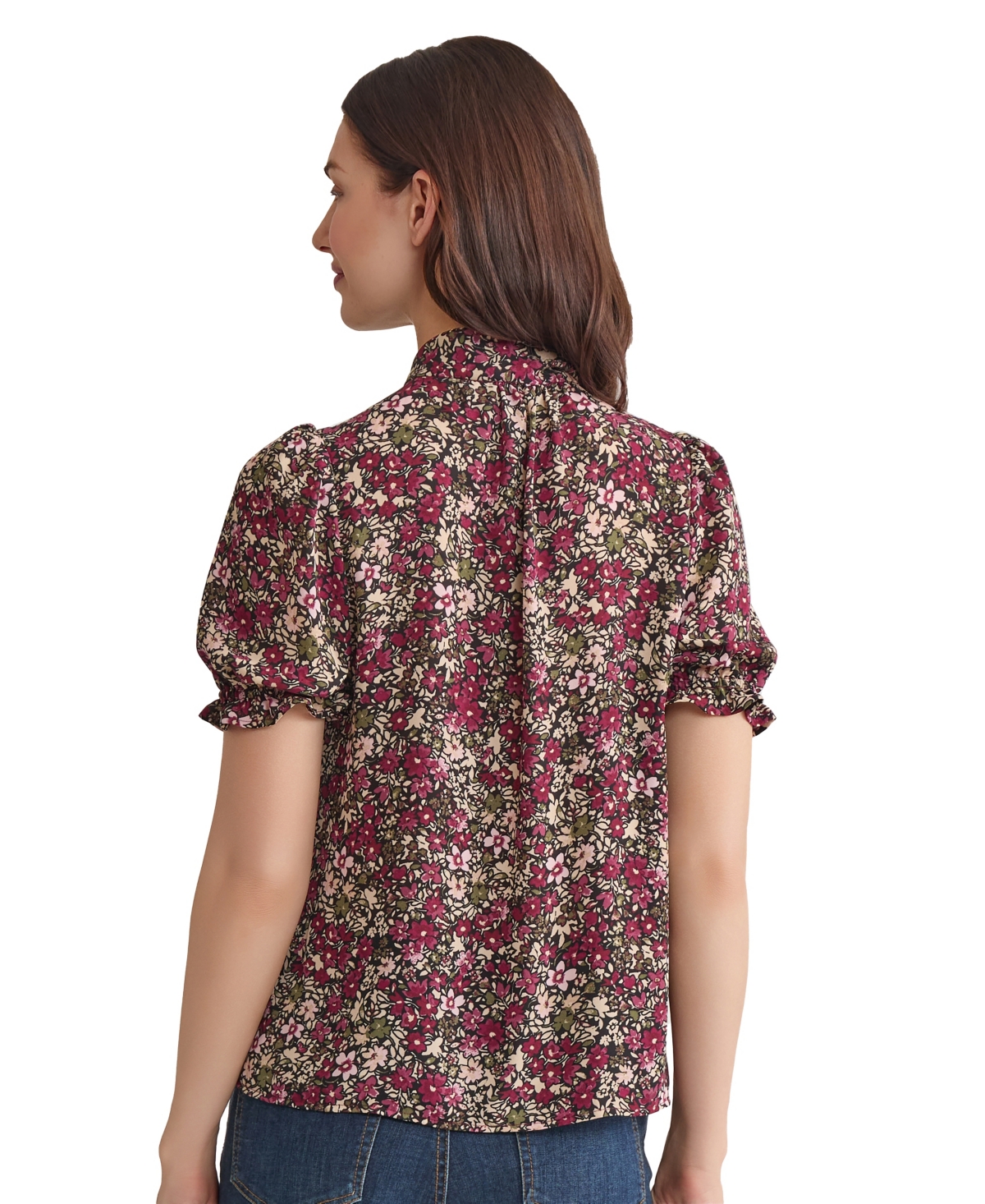 Jones New York Floral Tie Neck Puff Sleeve Top