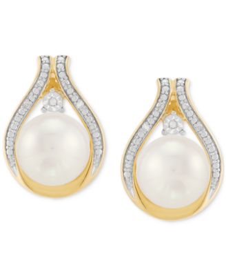 2-Pc. Set Cultured Freshwater Pearl (8 & 9mm) & Diamond Accent Halo Pendant Necklace & Matching Stud Earrings in 14k Gold-Plated Sterling Silver