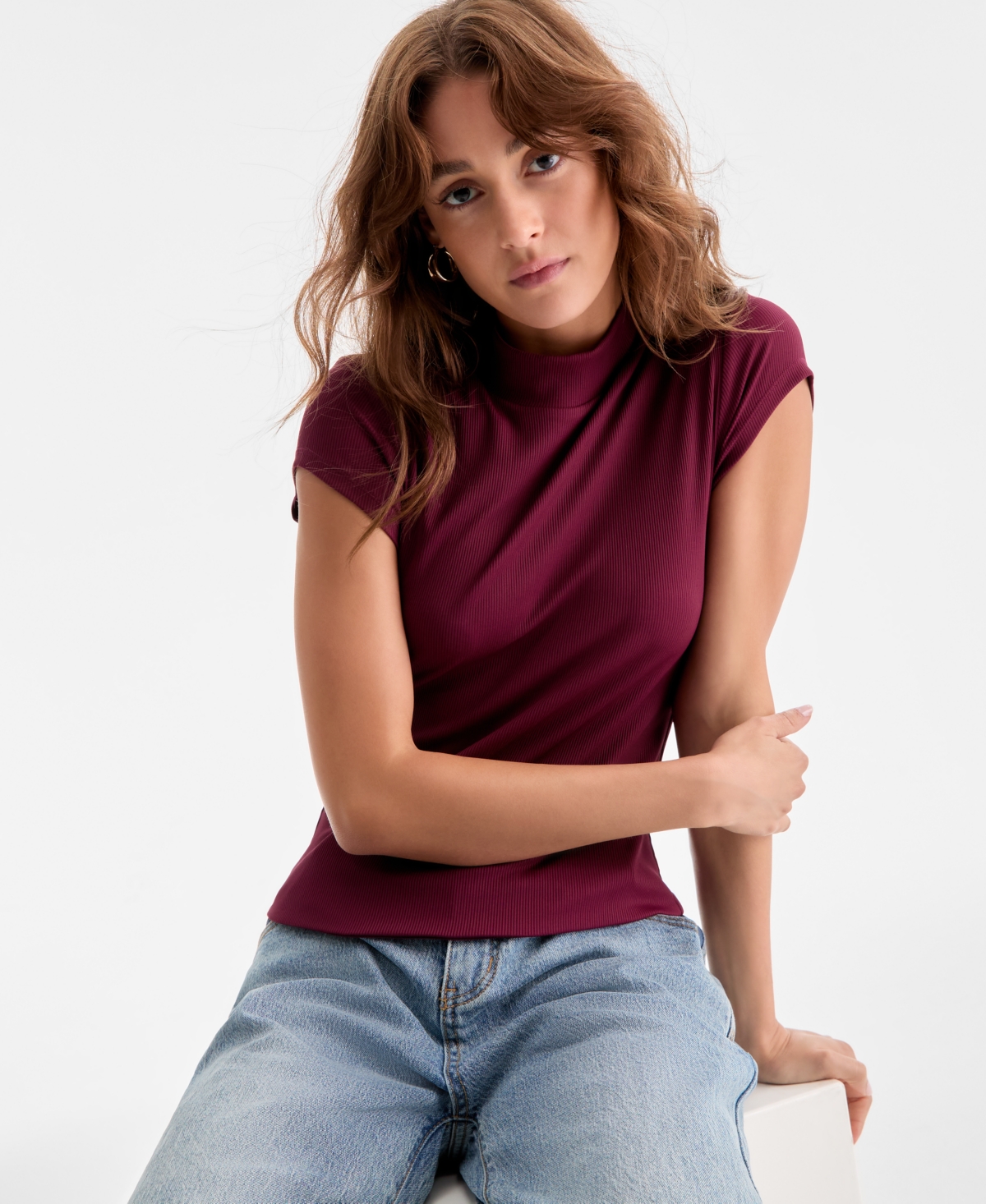 Bar Iii Women's Ribbed Second-skin Mock-neck Top, Exclusively At Macy's In Purple