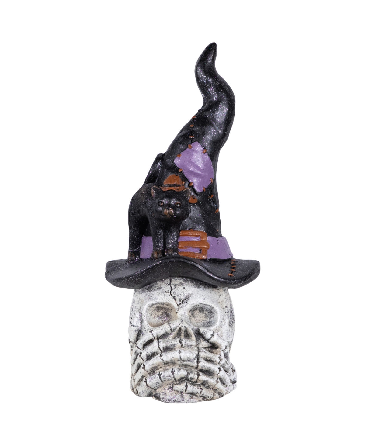22.75" Skull in Witch Hat with Cat Halloween Decoration - White