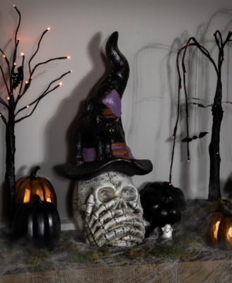 22.75" Skull in Witch Hat with Cat Halloween Decoration