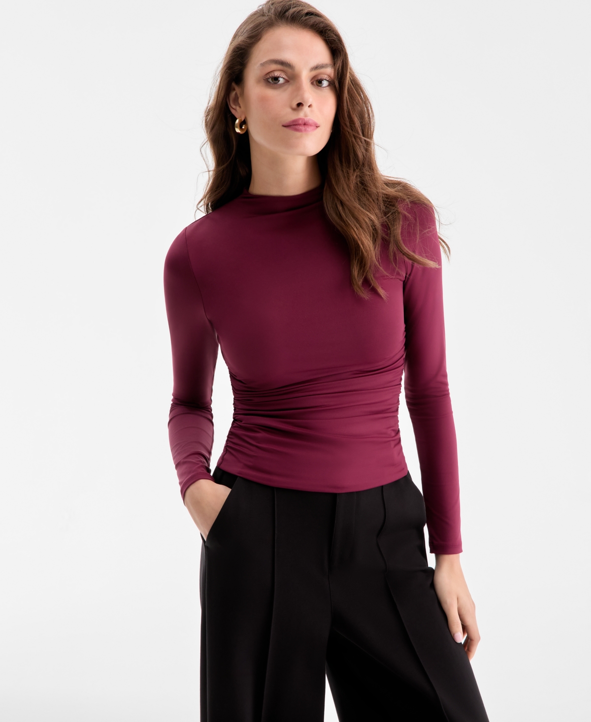 Bar Iii Women's Mock Neck Second-skin Ruched Top, Macy's Exclusive In Red