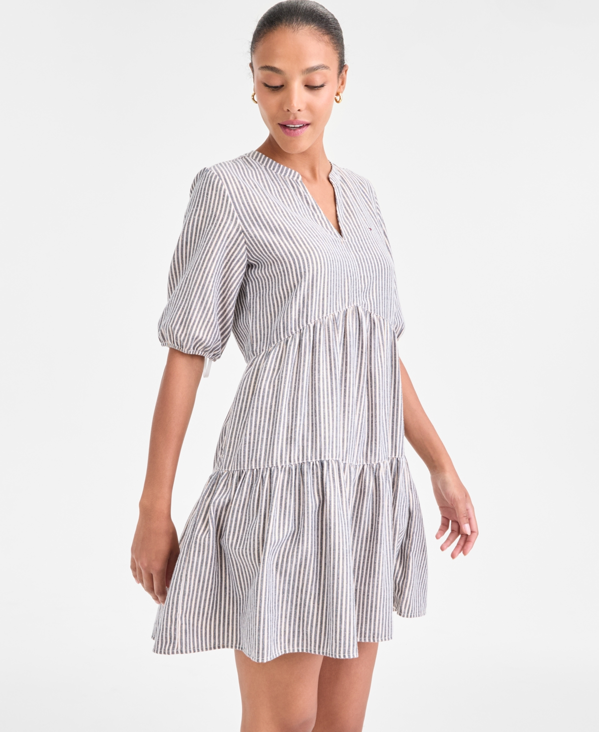 Tommy Hilfiger Women's Striped V-Neck Tiered Dress