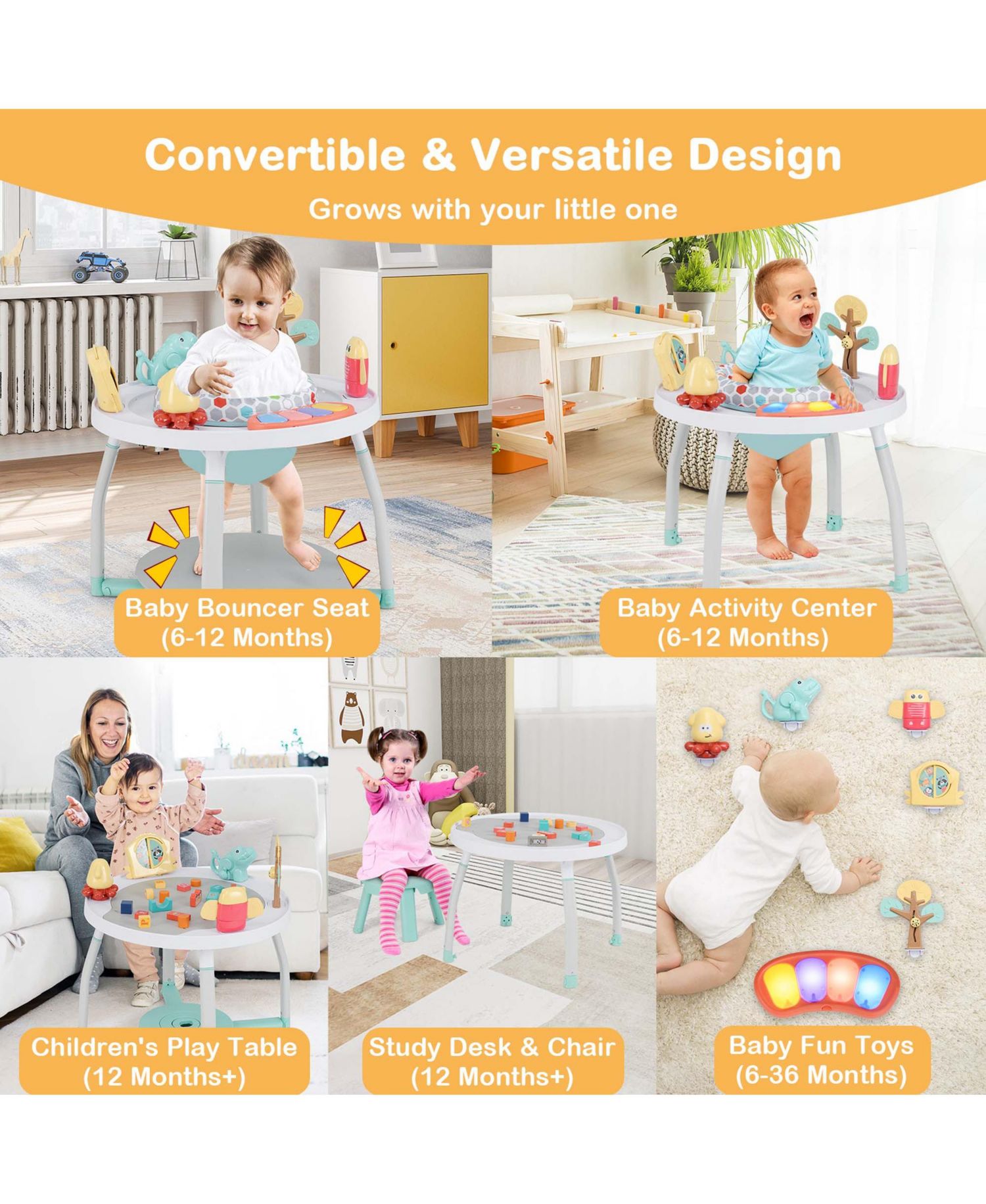 5-in-1 Baby Activity Center with Rotating Seat Removable Toys Lights