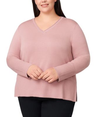 Plus Size Solid V-Neck High-Cuff Sweater