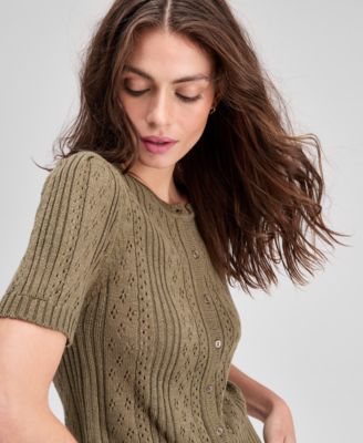 Petite Short Sleeve Crewneck Pointelle Cardigan Sweater