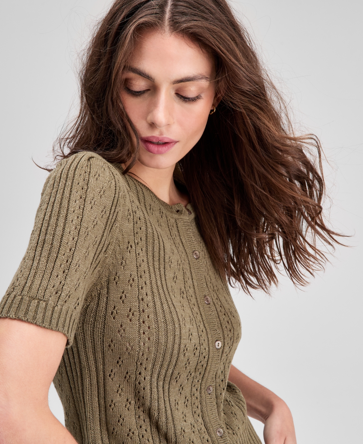 And Now This Petite Short Sleeve Crewneck Pointelle Cardigan Sweater In Green