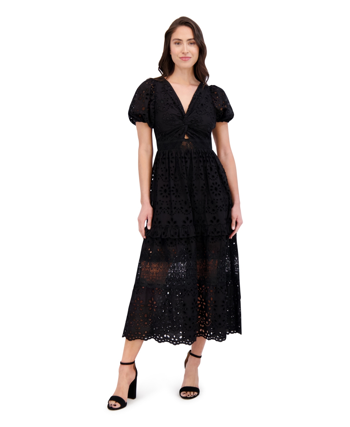 Women's Cotton Embroidered Eyelet Lace Maxi Dress - Black