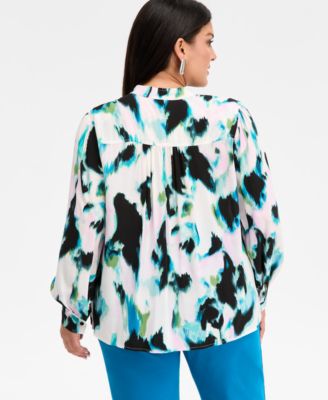 Plus Size Pleated Puff-Sleeve Blouse, Macy's Exclusive 