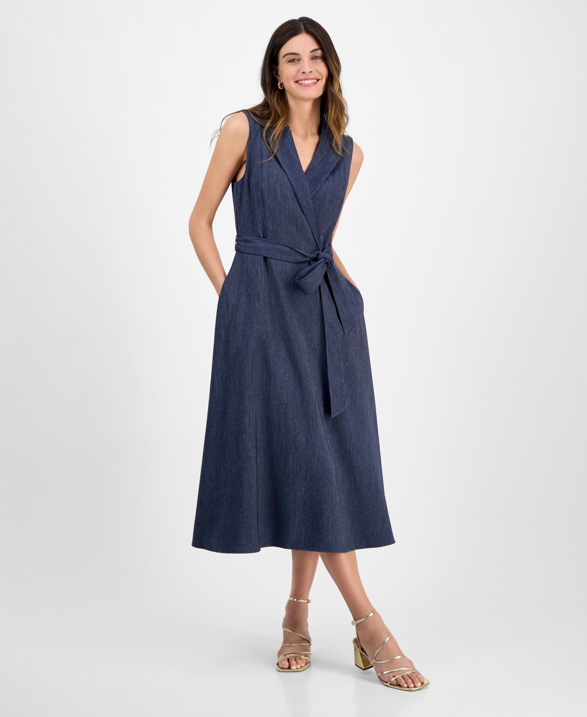 Julia Jordan Sleeveless Faux Wrap Midi Dress In Blue