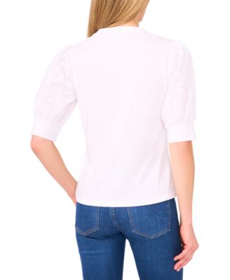 Women's Cotton Puffed-Sleeve Mixed-Media Top