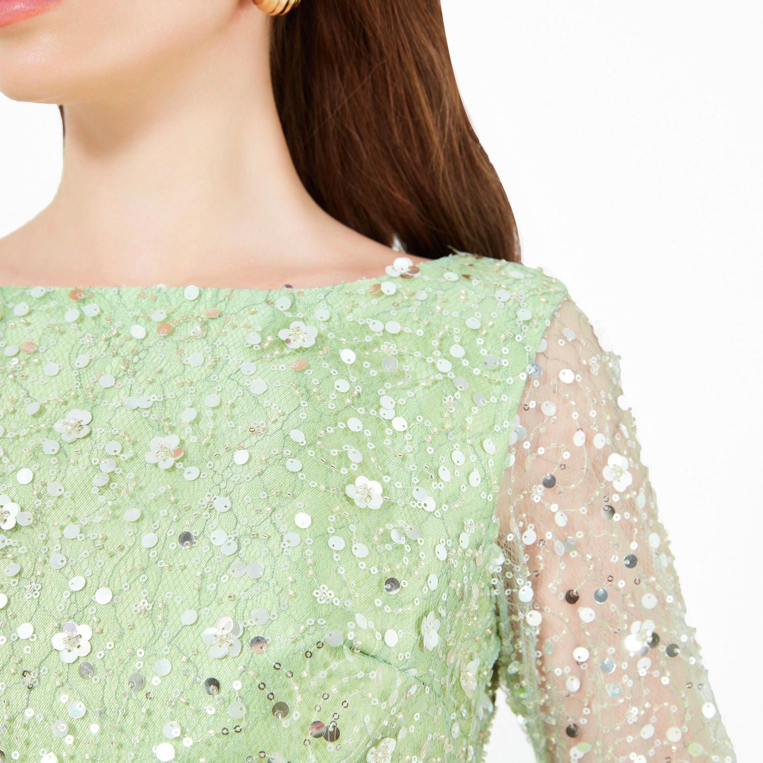 Beaded Bodice Column Gown with Cascading Train