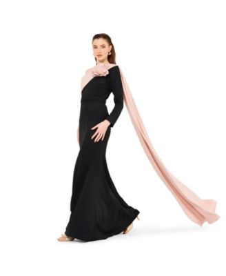 Women's Single Shoulder Two Tone Gown with Floral Applique