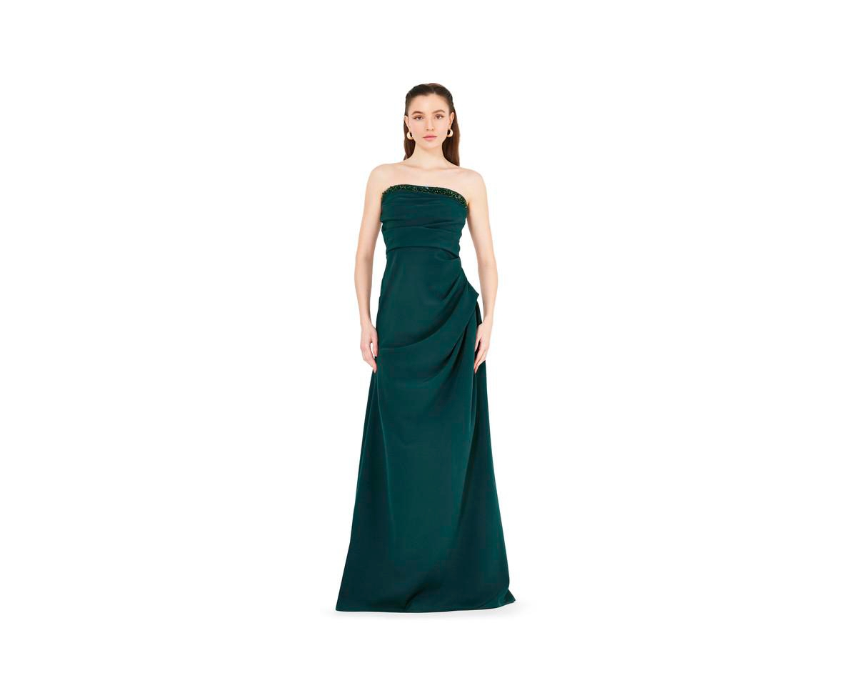 Women's Hand Embellished Strapless Pleated Gown - Green