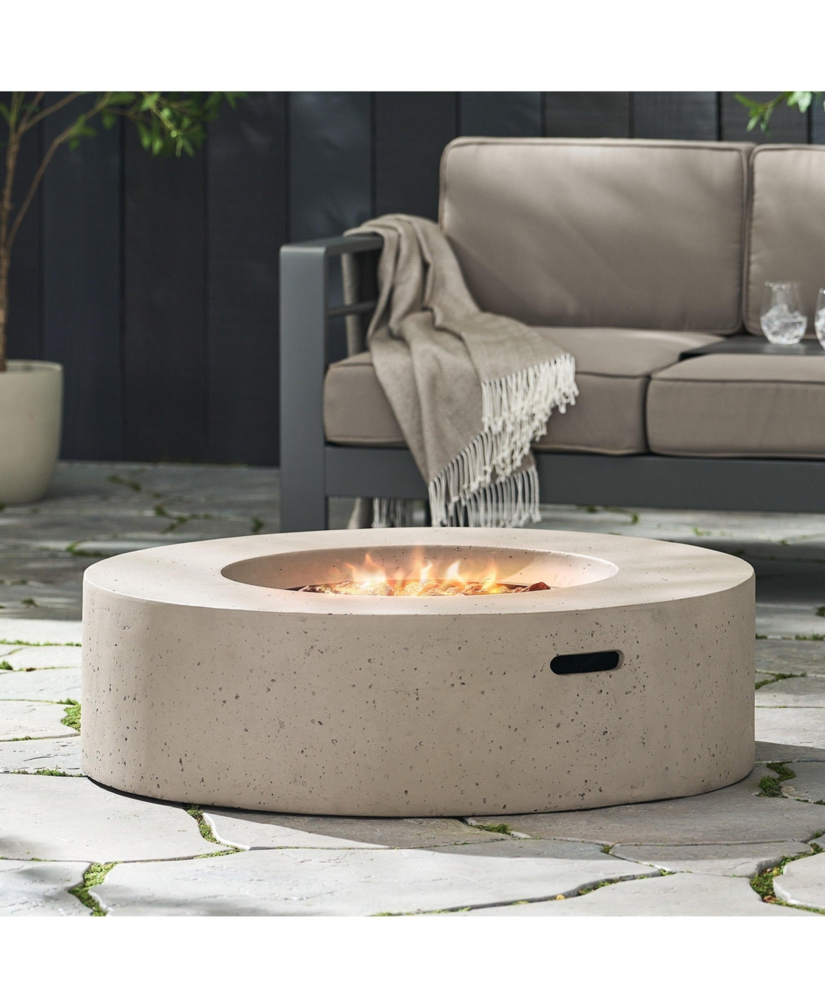 Flynama Outdoor 50,000 Btu Round MgO Concrete Propane Fire Pit, Light Grey (Tank Cover not Included)