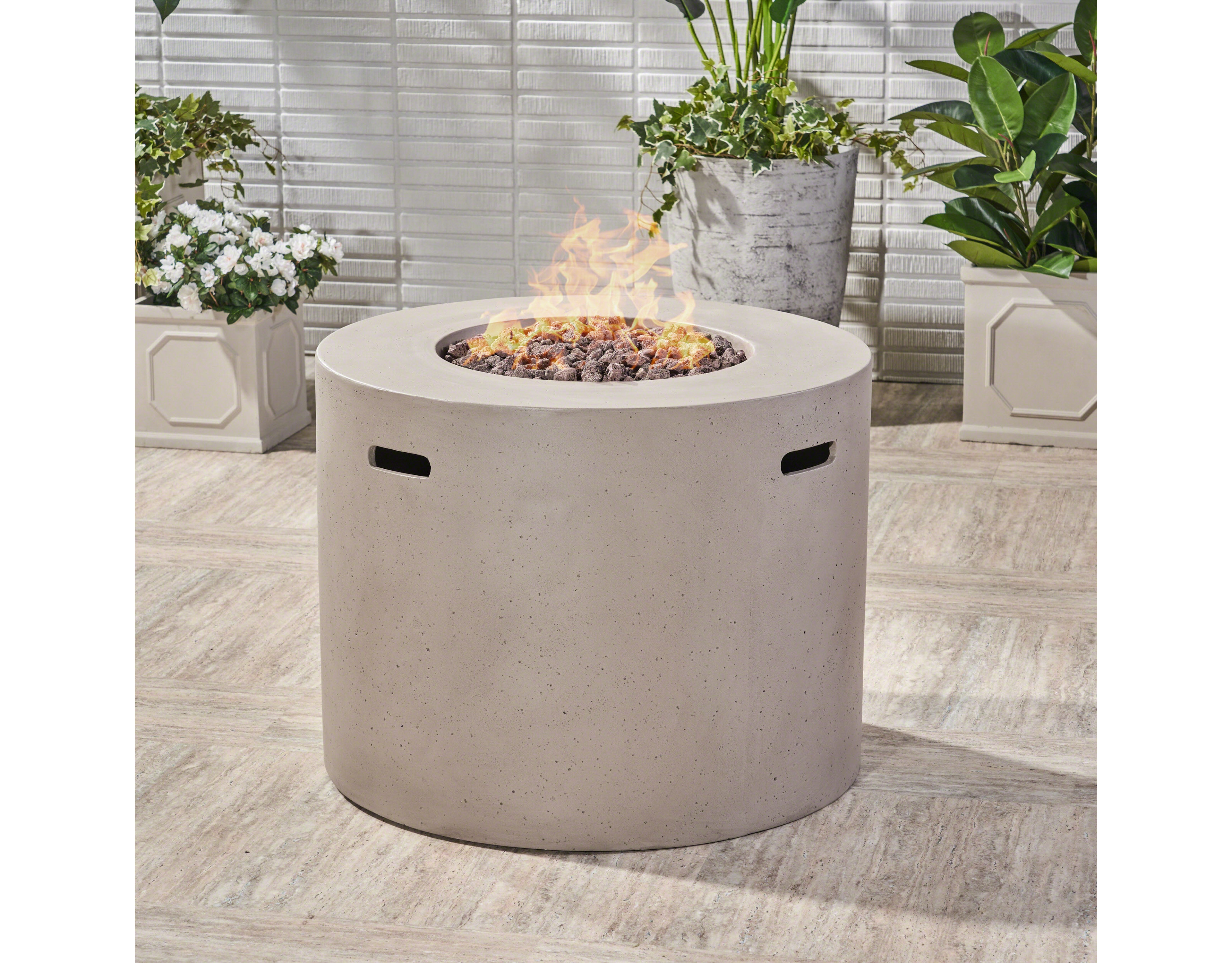 Flynama 31 Inch Round MgO Fire Pit 40000 Btu Light Weight Concrete Light Grey for Outdoor Patio Backyard