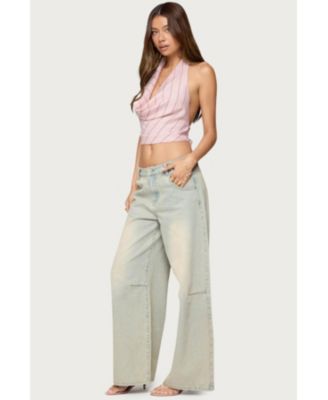 Women's Stripey Metallic Cowl Neck Halter Top