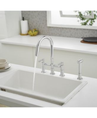 Double Handle 4-Holes Deck Mount Bridge Kitchen Faucet with Side Sprayer Sink Faucet