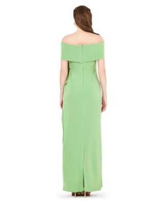 Bardot Neckline Floral Applique Pleated Gown