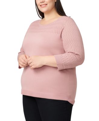 Plus Size Pointelle-Yoke 3/4-Sleeve Sweater