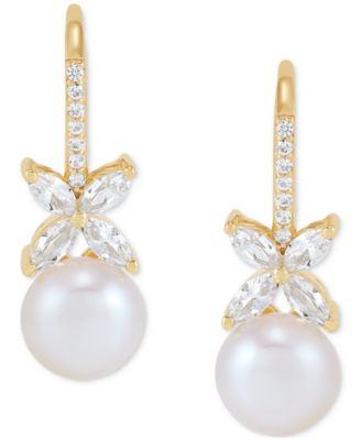 Cultured Freshwater Pearl (7mm) & Lab Grown White Sapphire (1 ct. t.w.) Leverback Drop Earrings in 14k Gold-Plated Sterling Silver