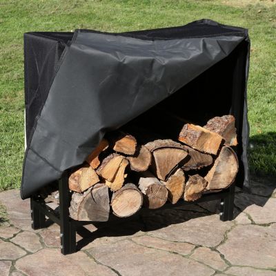 Outdoor Steel Firewood Log Rack Holder with Weather-Resistant Heavy-Duty Polyester Log Rack Cover - 30" - Black