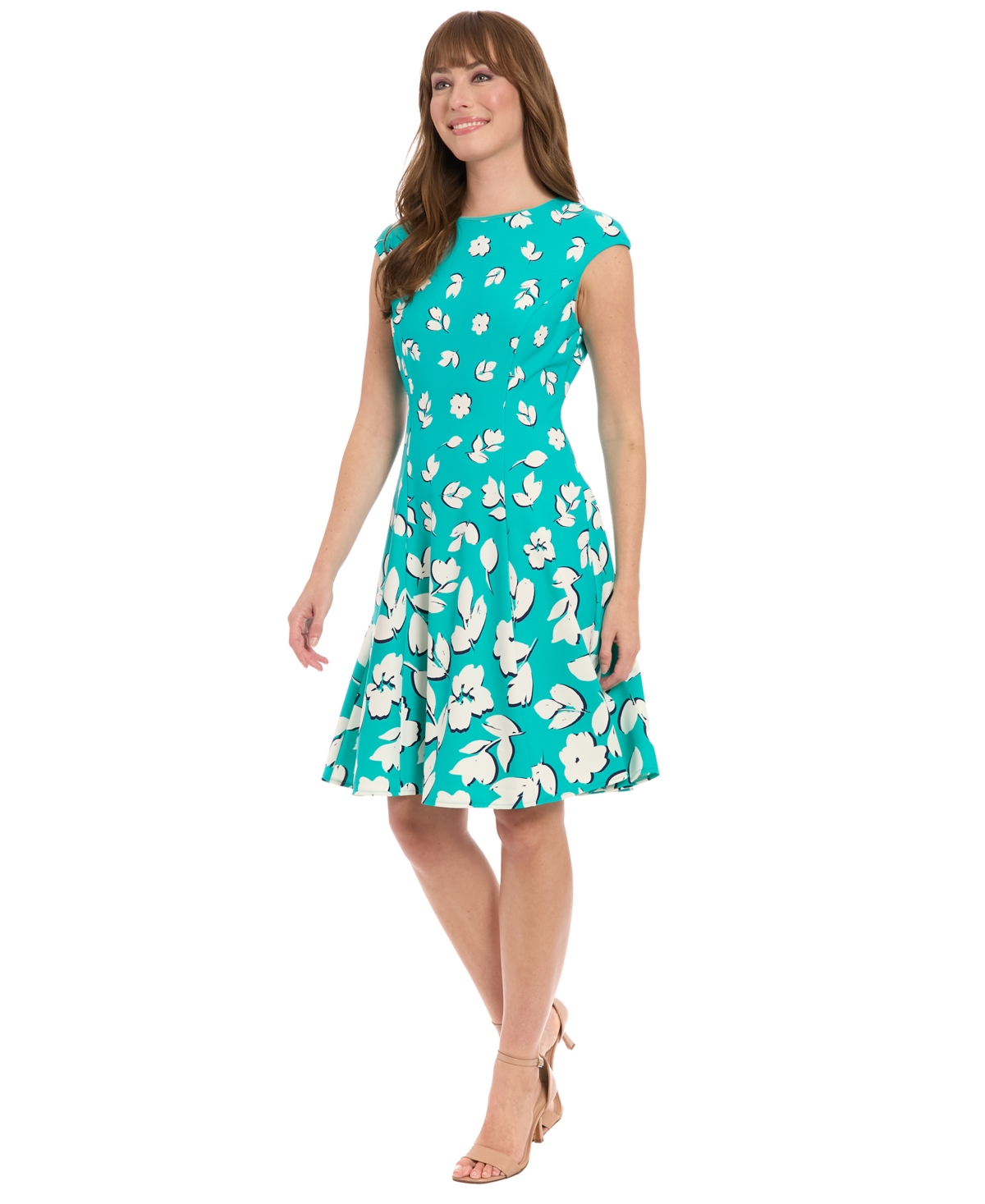 Women's Printed Cap-Sleeve Fit & Flare Dress - Navy/ivory