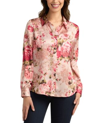 BCX - Juniors' Printed Stretch Satin Button-Front Top