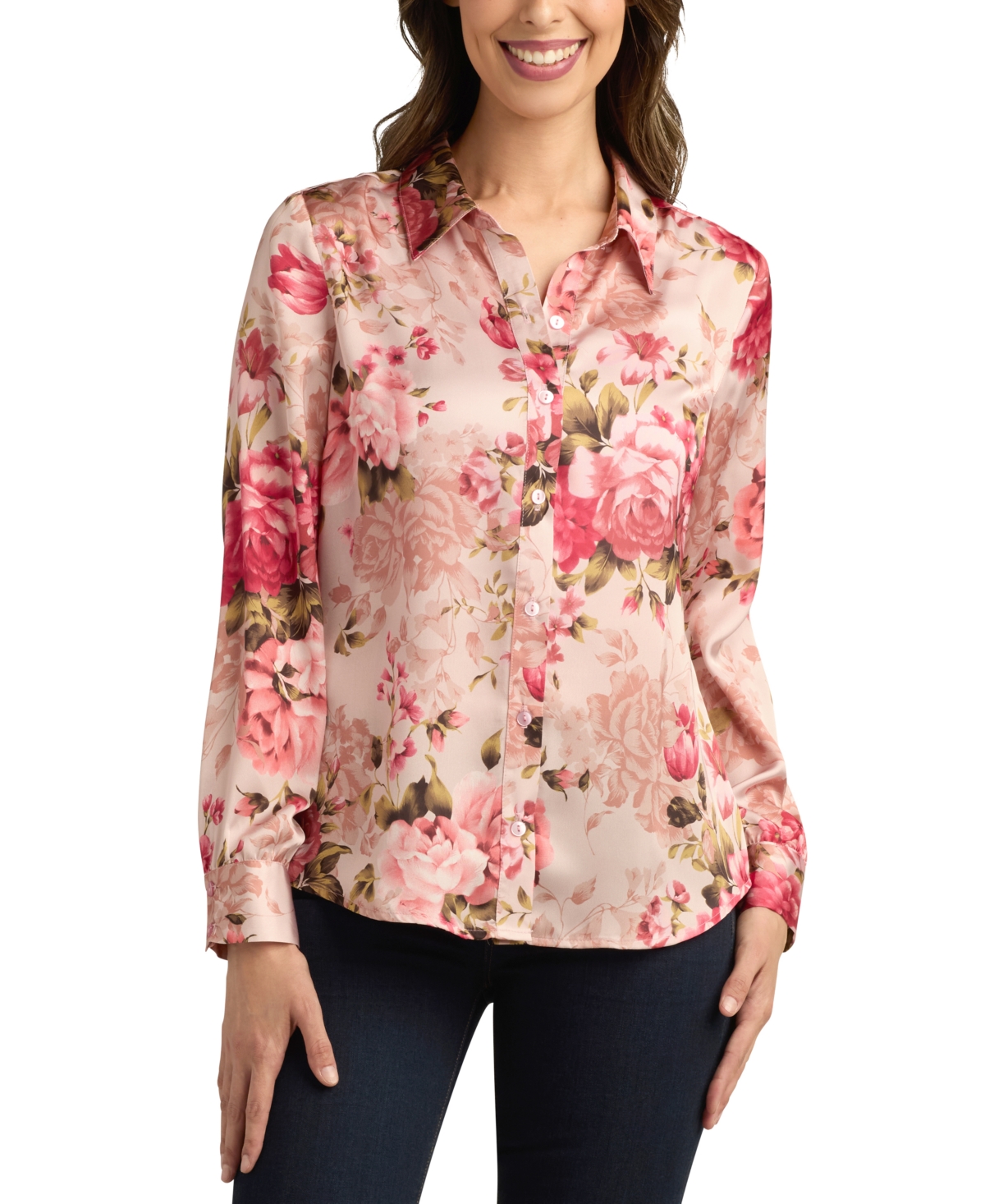 Juniors' Printed Stretch Satin Button-Front Top - Pat G