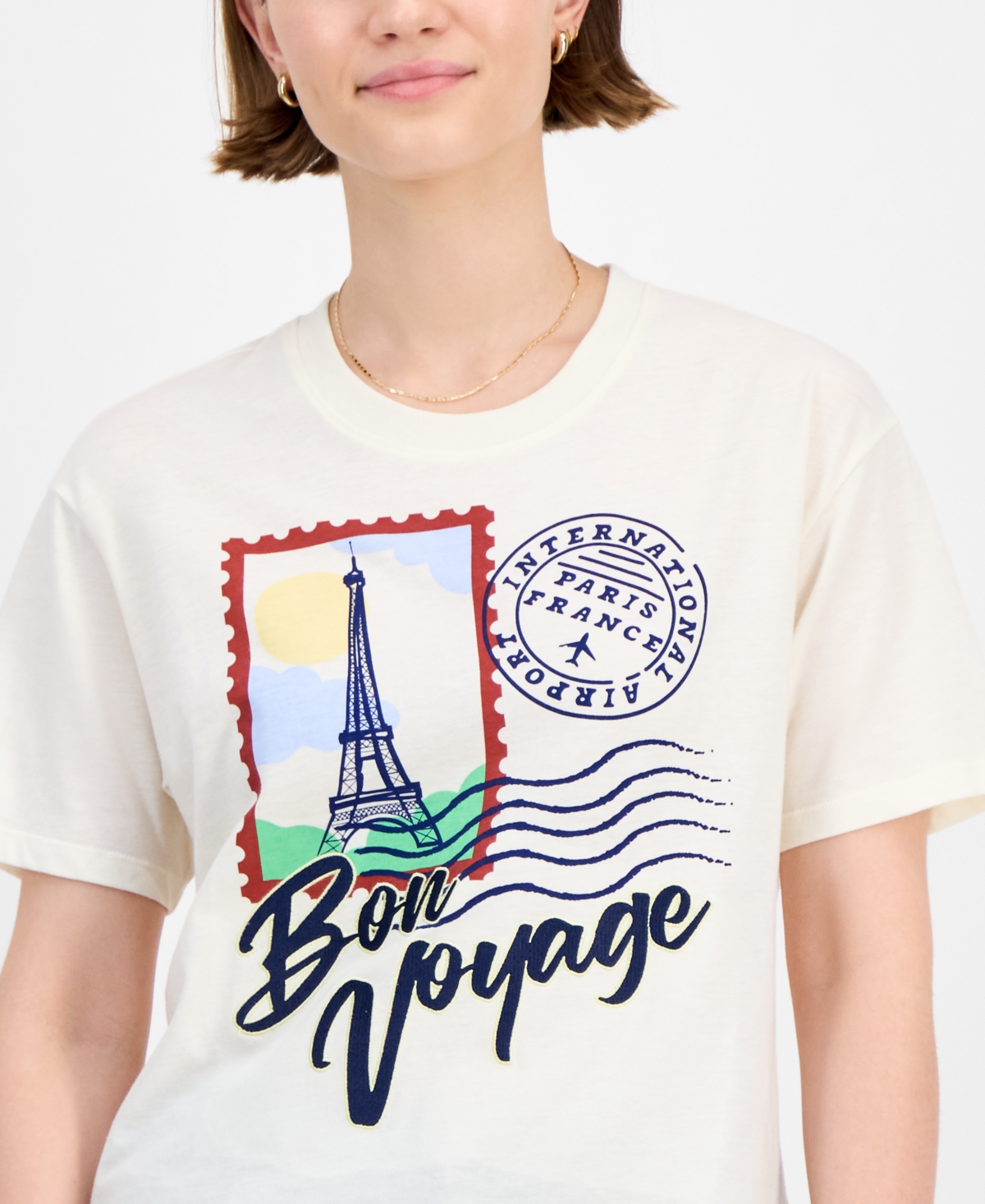 Rebellious One Juniors' Cropped Bon Voyage T-shirt In White
