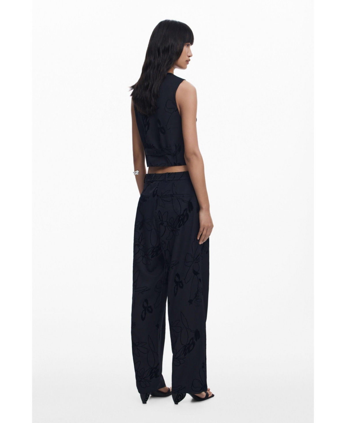 Desigual Pleated Wide Leg Pants In Black