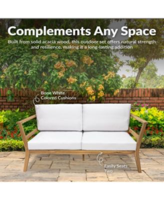 Bodie Acacia Wood Outdoor Patio Loveseat with Bone White Cushions - 62" W