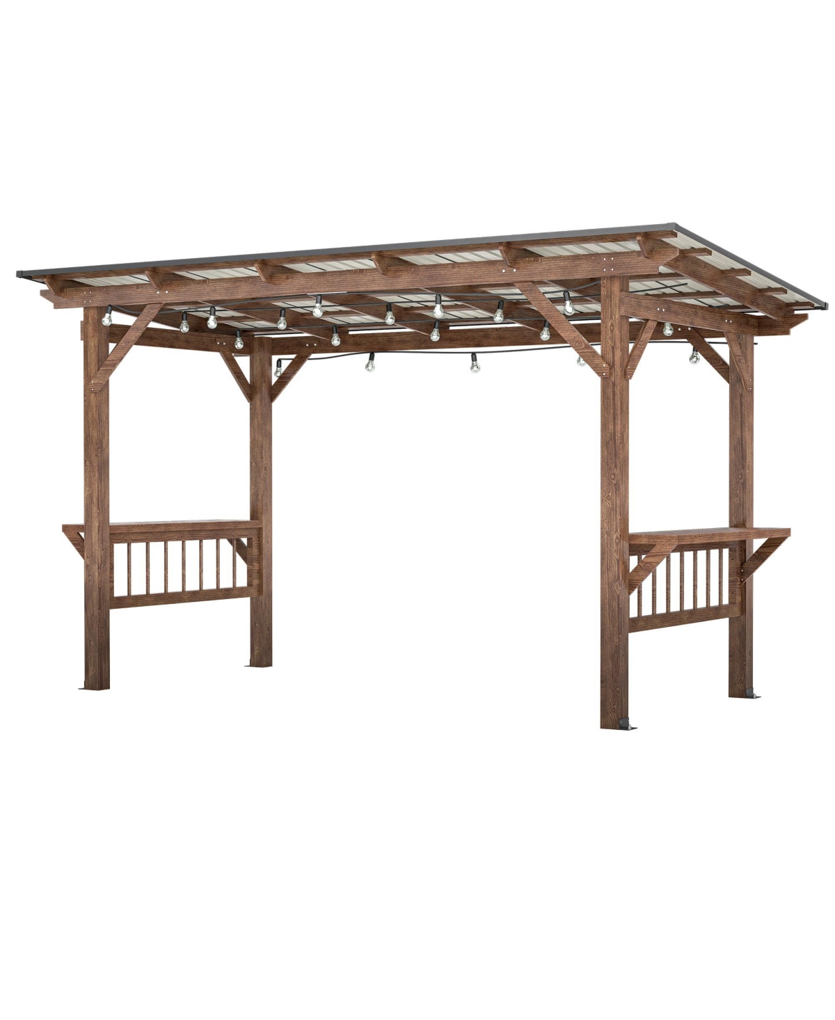 13x6.5FT Wooden Bbq Pergola &#x2013; Metal Roof Grill Gazebo with Bar Counters & Lights - Brown