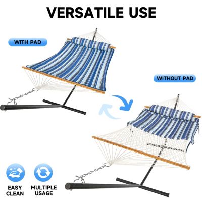 Double Hammock with Stand, 2 Person Cotton Rope Hammock with Removable Polyester Pad, 500LBS Capacity.