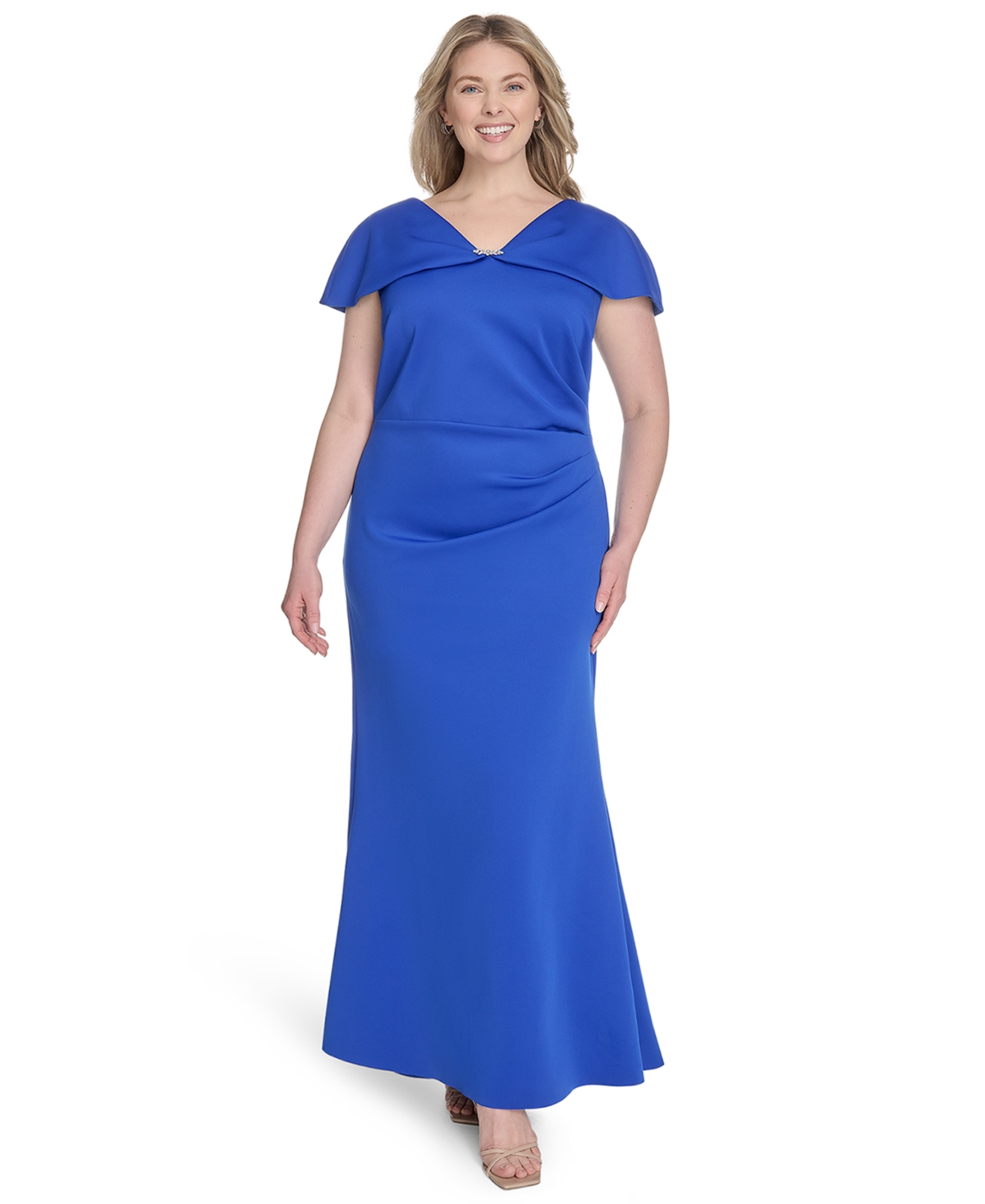 Jessica Howard Plus Size Cape-sleeve Scuba Gown In Blue