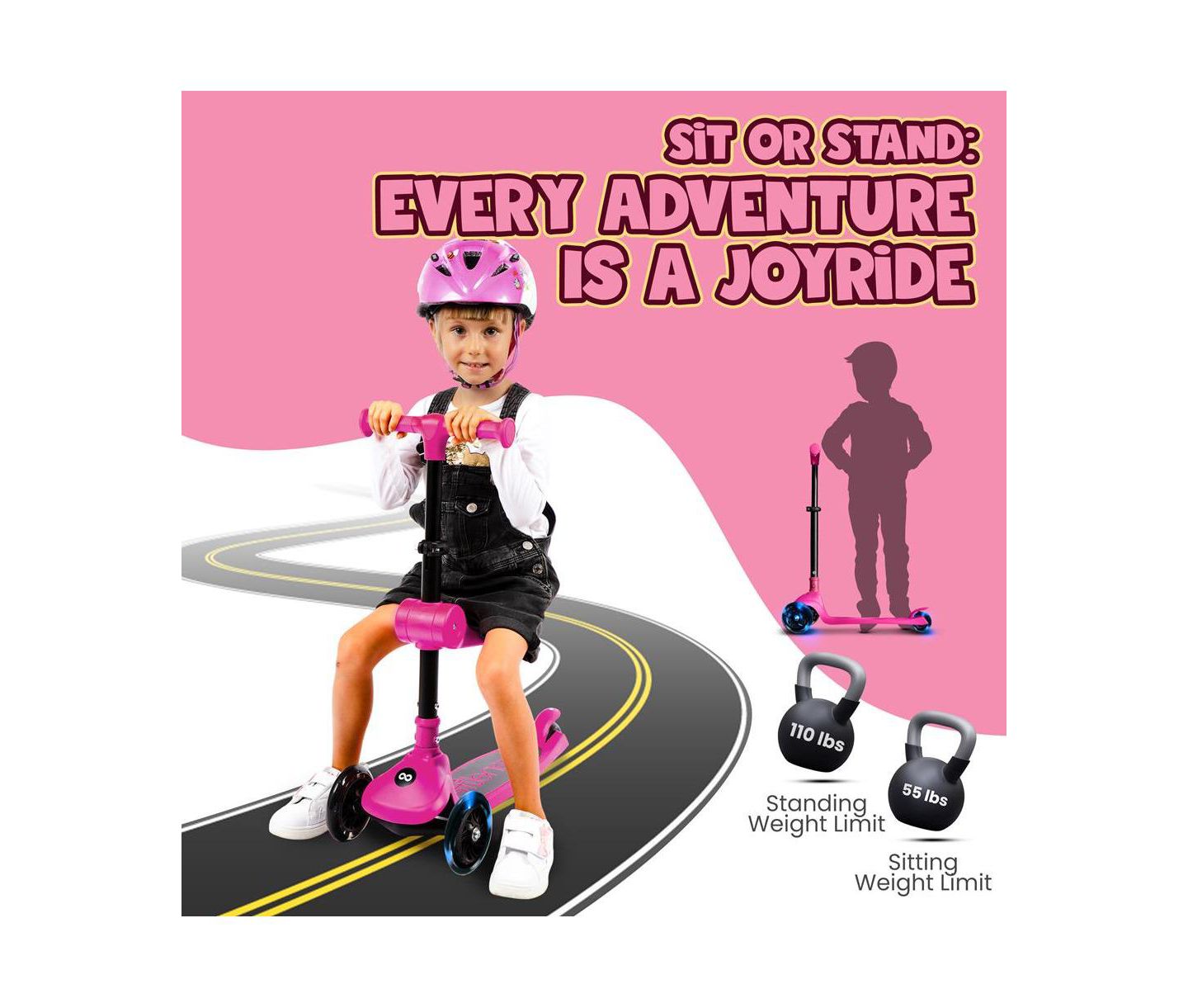 Детская игрушка SereneLife 3-Wheel Foldable Kids Scooter with Built-in LED Wheel Lights & Foldable Seat, 110 lbs. Capacity, Ages 3+, цвет: Розовый — фото 2